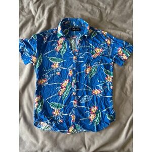 Westy Mens Blue Tropical Floral Hibiscus Short Sleeve Button Down Shirt Small